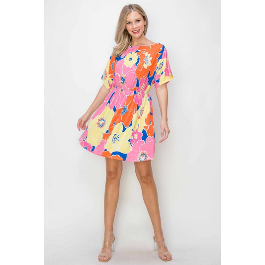 OL24A267-9-WIDE BOAT NECK FLORALL PRINT DRESS: L / PINK MULTI