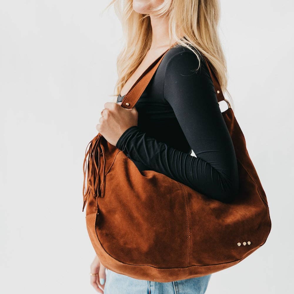 Hazel Hobo Shoulder Bag with Tassel: Tan Suede