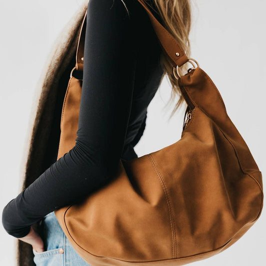 Hazel Hobo Shoulder Bag with Tassel: Tan Suede