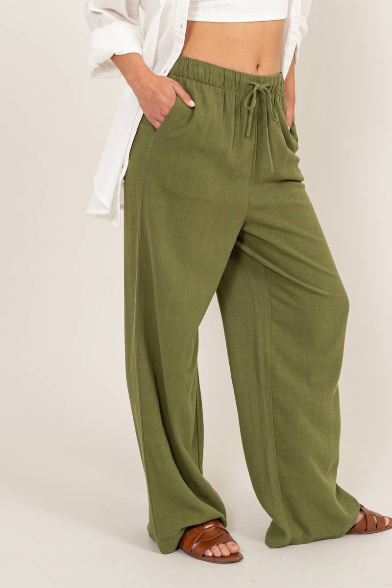 DZ24C153-LINEN WIDE LEG PANTS: M / CREAM