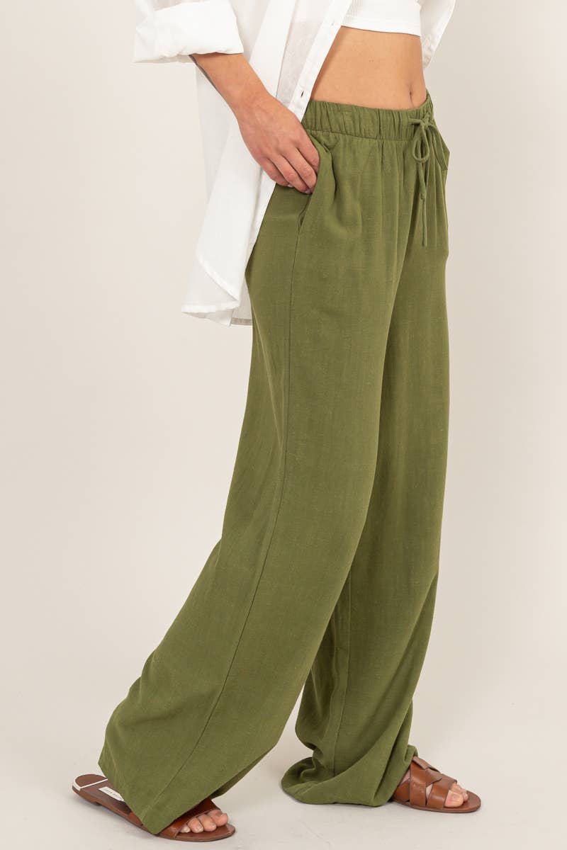 DZ24C153-LINEN WIDE LEG PANTS: M / CREAM