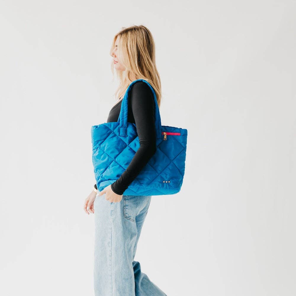 Presley Puffer Quilted Tote Bag With Pouch: Pink Floral