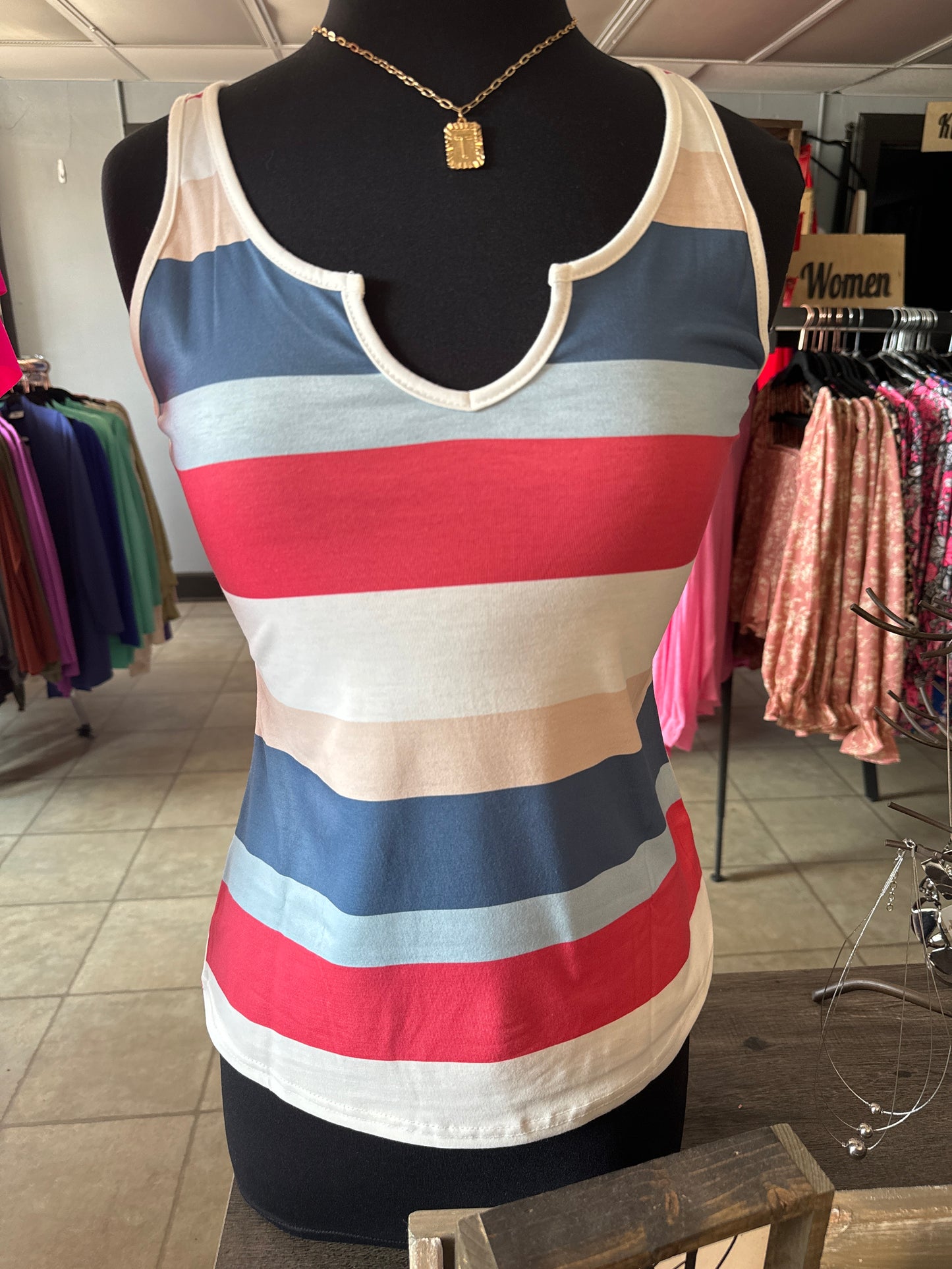 AD Striped Notch Neck Sleeveless Top