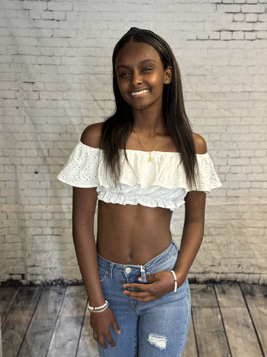 AD White Off Shoulder Ruffle Crop Top