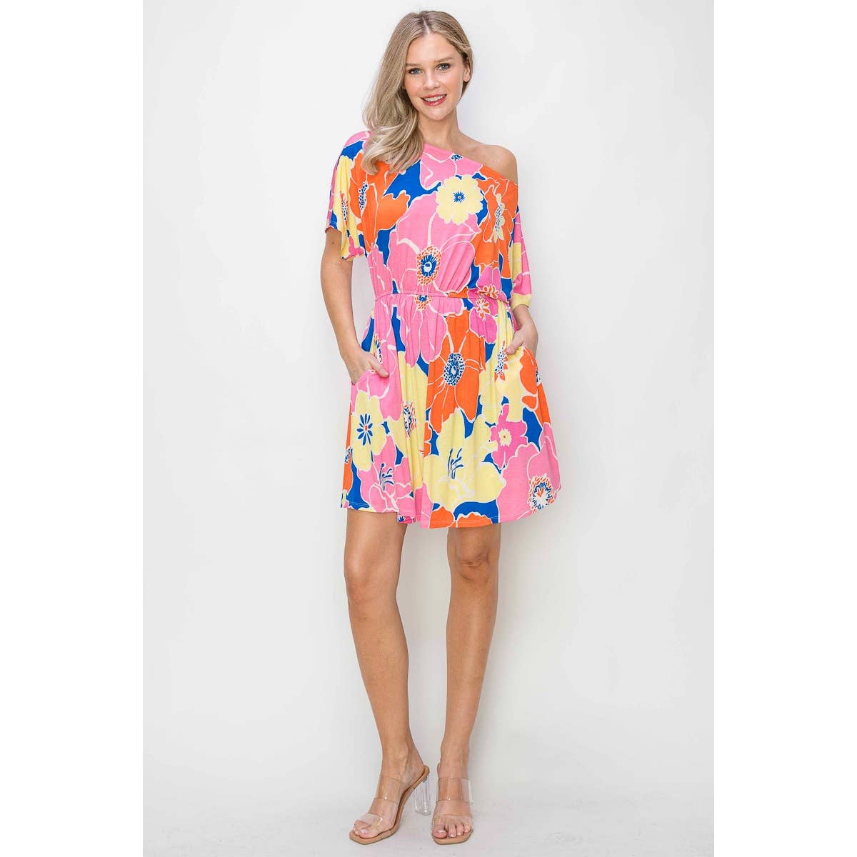 OL24A267-9-WIDE BOAT NECK FLORALL PRINT DRESS: S / PINK MULTI