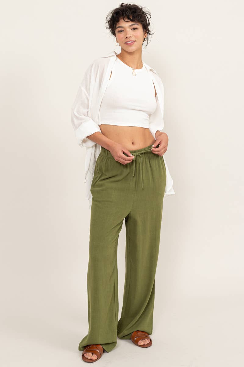 DZ24C153-LINEN WIDE LEG PANTS: M / CREAM