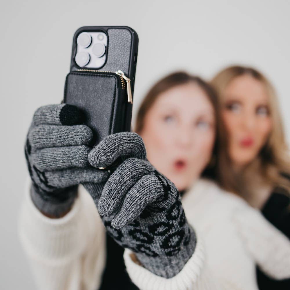 Leopard Knit Smart Touch Gloves: Black