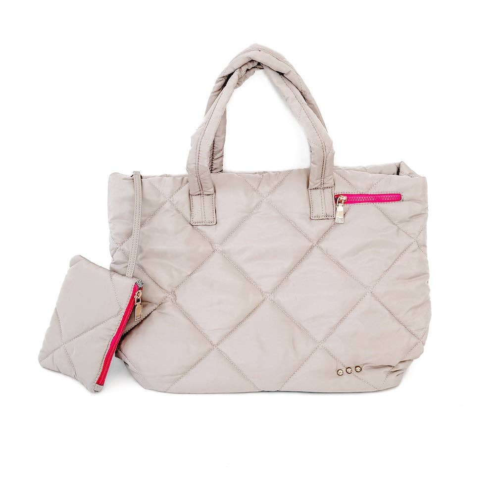 Presley Puffer Quilted Tote Bag With Pouch: Pink Floral