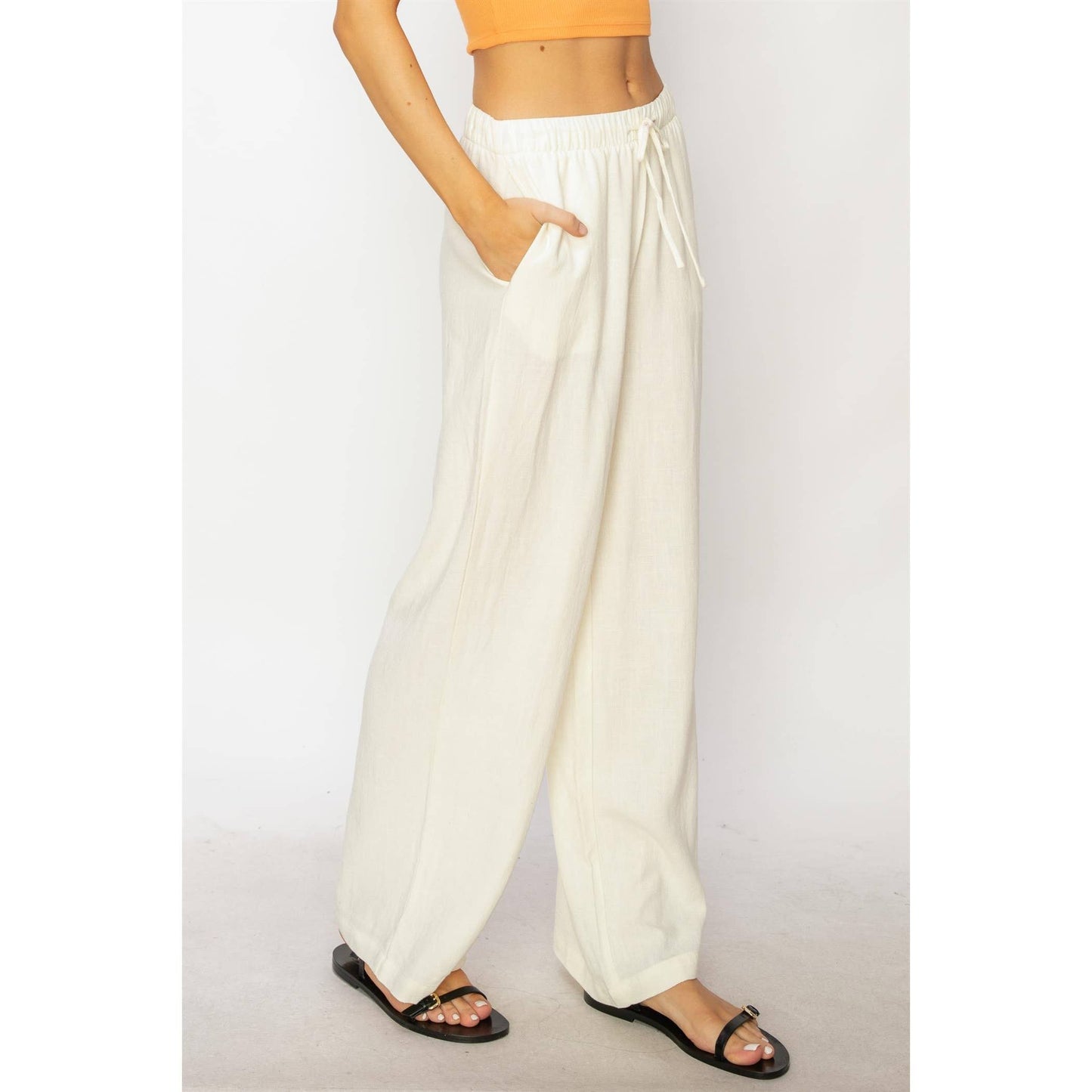 DZ24C153-LINEN WIDE LEG PANTS: M / CREAM