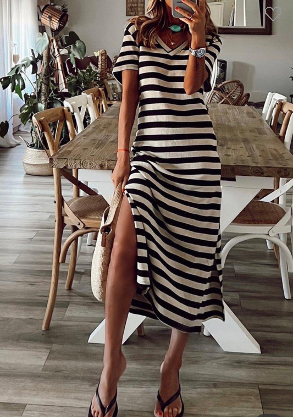 KENTCE- Stripe Print V Neck Maxi Dress with Side Splits
