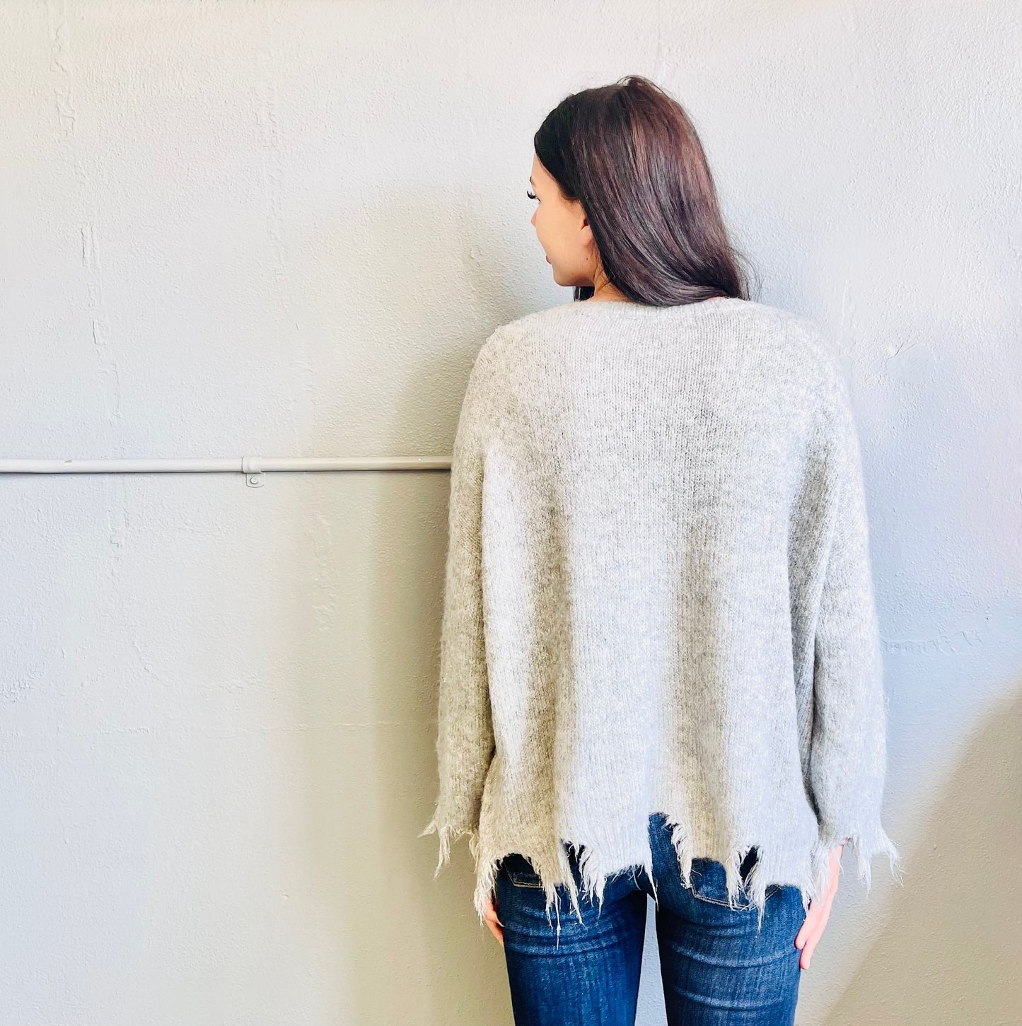 SEE AND BE SEEN- Sparkly Grey Fringe Sweater