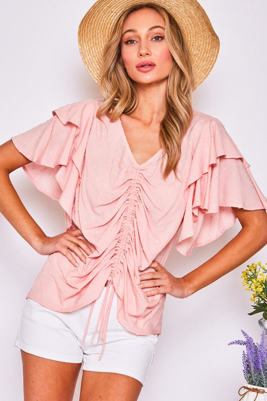 Vine & Love- V-Neck Ruched 2 Layered Flare Sleeves Top