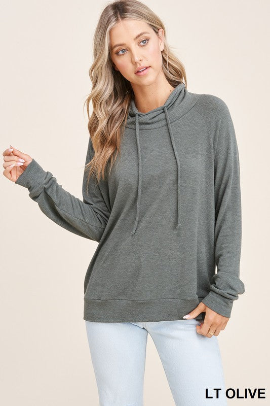 STACCATO- Drawstring Cowl Neck Pullover Solid Terry Top