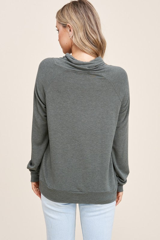 STACCATO- Drawstring Cowl Neck Pullover Solid Terry Top