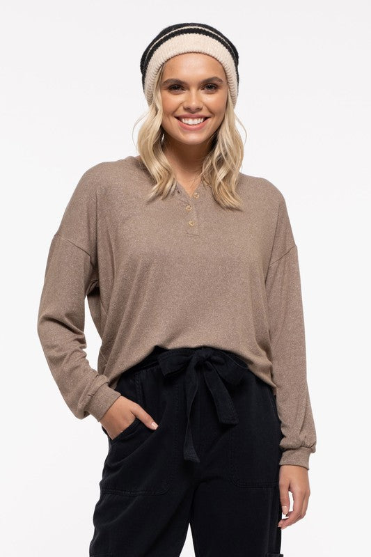 PERCH/MINE- Long Sleeve Button Detail Knit Top (LT OLIVE)