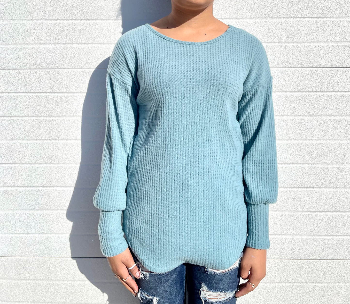 ACTING PRO- Solid Long Sleeve Waffle Top