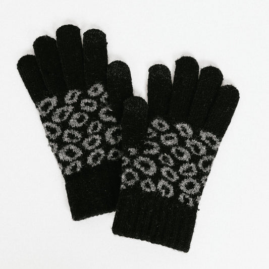 Leopard Knit Smart Touch Gloves: Black