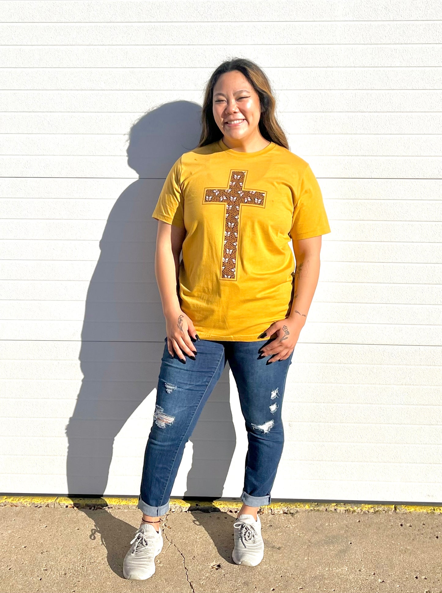 SMALL TOWN SOCIETY- Leopard Butterfly Cross | Heather Mustard | Short Sleeve Tee