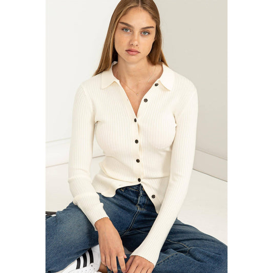 SPEAK CHIC RIBBED COLLARED CARDIGAN: CREAM / S