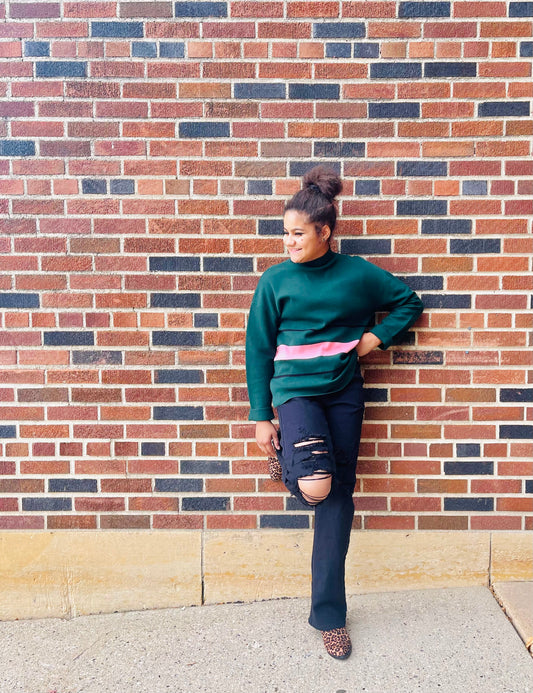 HEM AND THREAD- Green Sweater w/ Stripe