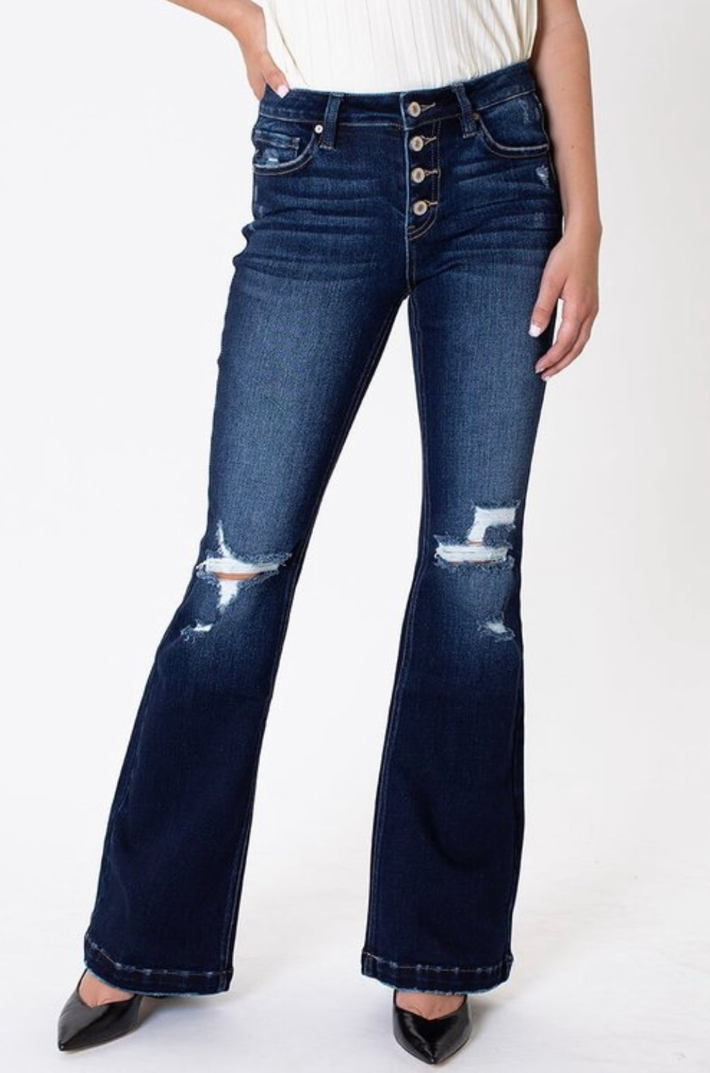 KANCAN- Mid Rise Distressed Flare Jeans